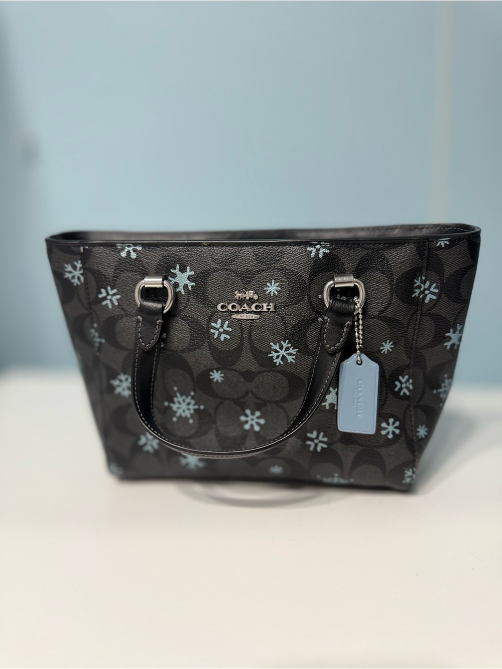 Coach Black Signature Tote with Light Blue Snowflake Accents